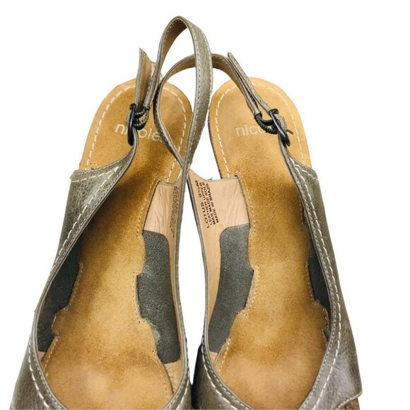 Nicole Lotus Peep Toe Leather Olive wedge Sandals Women size 9.5 - Picture 12 of 15